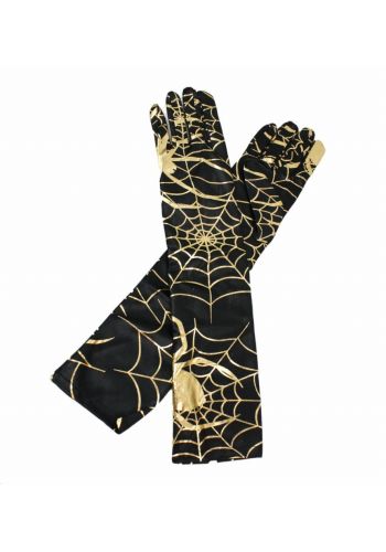 Αποκριάτικο Αξεσουάρ Μαύρα Γάντια με Χρυσό Ιστό και Αράχνη