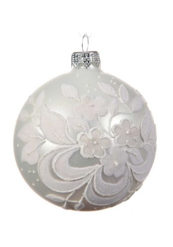Χριστουγεννιάτικη Γυάλινη Ασημί Μπάλα, με Λευκά Λουλούδια (8cm)