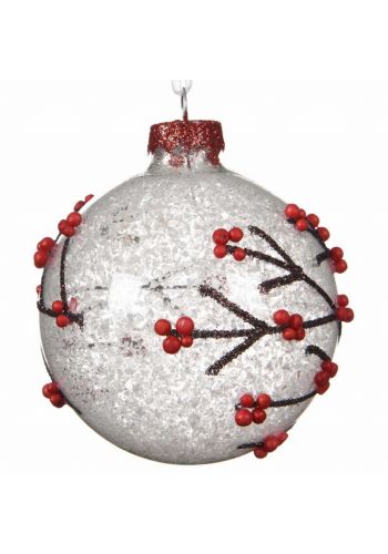 Χριστουγεννιάτικη Μπάλα Γυάλινη Χιονισμένη, με Γκι (8cm)