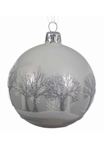 Χριστουγεννιάτικη Μπάλα Γυάλινη Λευκή, με Δεντράκια (8cm)