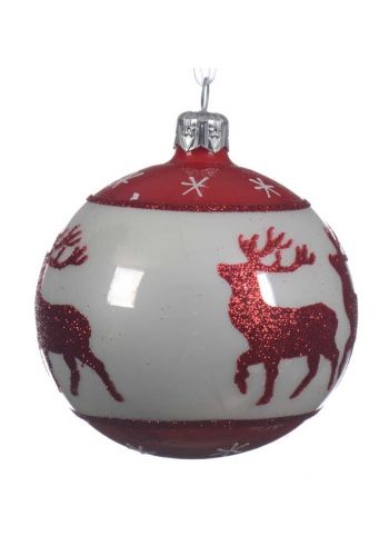 Χριστουγεννιάτικη Μπάλα Γυάλινη Λευκή, με Κόκκινους Τάρανδους (8cm)