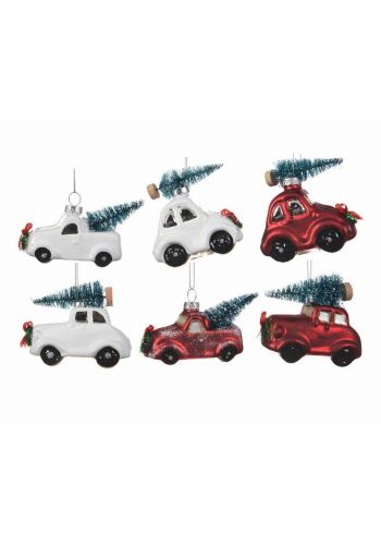 Χριστουγεννιάτικα Κρεμαστά Γυάλινα Αυτοκινητάκια με Δεντράκι - 6 Σχέδια (10cm) - 1 Τεμάχιο