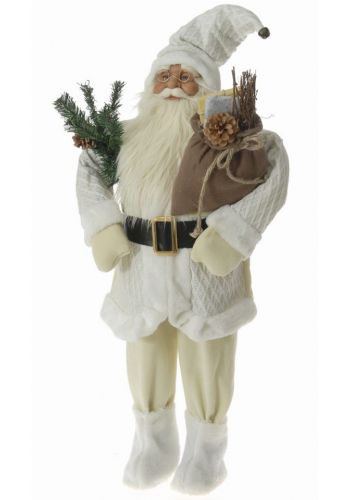 Χριστουγεννιάτικος Διακοσμητικός Άγιος Βασίλης, Λευκός με Κλαδιά και Σάκο (90cm)