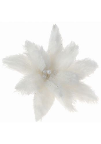Χριστουγεννιάτικο Λουλούδι Λευκό Αλεξανδρινό, με Γούνα και Κλιπ (22cm)