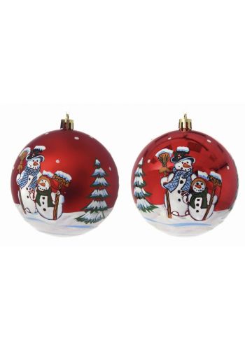 Χριστουγεννιάτικη Κόκκινη Μπάλα, με Χιονάνθρωπους - 2 Σχέδια (8cm)