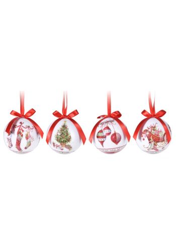 Χριστουγεννιάτικες Μπάλες Λευκές, με Κόκκινο Φιόγκο - 4 Σχέδια (8cm)