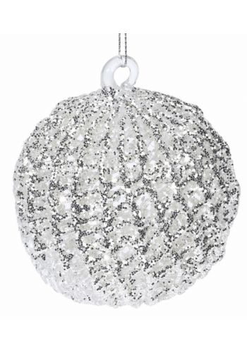 Χριστουγεννιάτικη Μπάλα Γυάλινη Ασημί, Ανάγλυφη με Στρας (8cm)