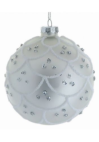 Χριστουγεννιάτικη Γυάλινη Μπάλα Λευκή, με Ανάγλυφα Σχέδια και Στρας (8cm)