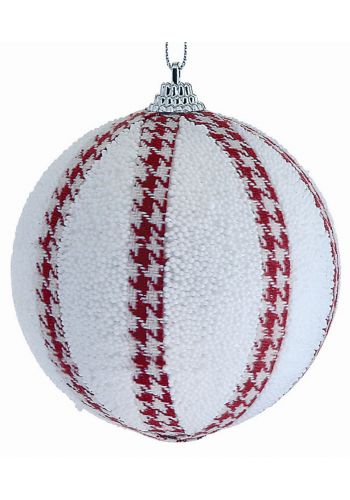 Χριστουγεννιάτικη Μπάλα Λευκή, με Μπίλιες και Κόκκινη Λινάτσα (8cm)