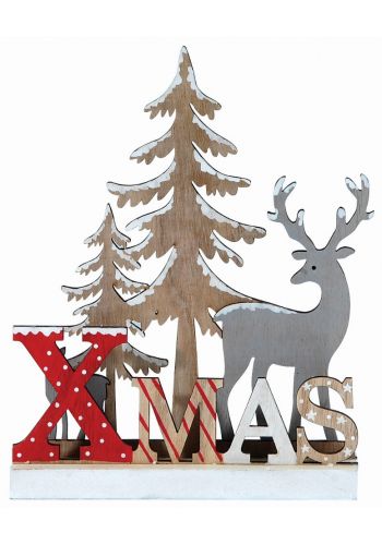 Χριστουγεννιάτικη Ξύλινη Επιγραφή "XMAS", με Τάρανδο και Δεντράκια (24cm) - 1 Τεμάχιο