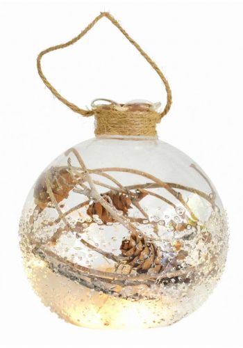 Χριστουγεννιάτικη Μπάλα Γυάλινη Φωτιζόμενη, Διάφανη με Κουκουνάρια Εσωτερικά (10cm)