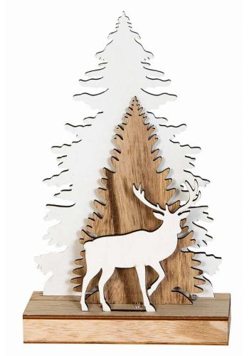 Χριστουγεννιάτικο Διακοσμητικό Ξύλινο Δεντράκι, με Λευκό Τάρανδο και LED (30cm)
