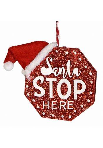 Χριστουγεννιάτικη Κρεμαστή Πλαστική Ταμπέλα "Santa STOP HERE" Κόκκινη (13cm) - 1 Τεμάχιο