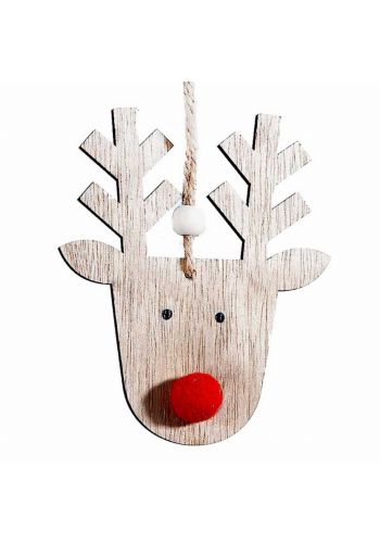 Χριστουγεννιάτικο Ξύλινο Κρεμαστό Κεφάλι Τάρανδου, με Κόκκινη Μύτη (10cm)