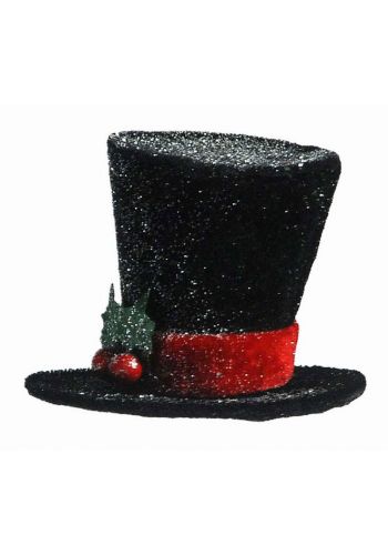 Χριστουγεννιάτικο Καπέλο Χιονισμένο Τσόχα, Μαύρο με Κόκκινη Κορδέλα και Γκι (10cm) - 1 Τεμάχιο