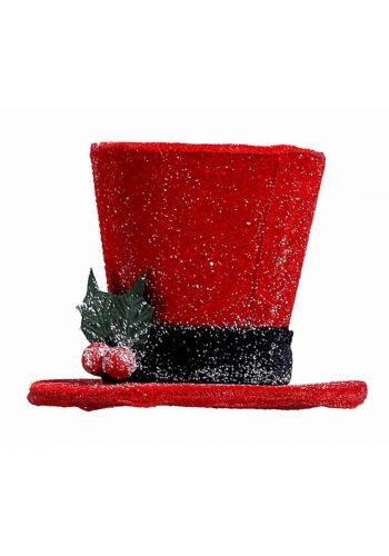 Χριστουγεννιάτικο Καπέλο Χιονισμένο Τσόχα, Κόκκινο με Μαύρη Κορδέλα και Γκι (10cm)