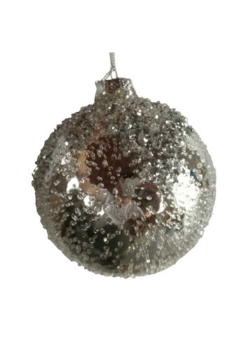 Χριστουγεννιάτικη Γυάλινη Μπάλα Ασημί, με Ανάγλυφες Μπίλιες (8cm)