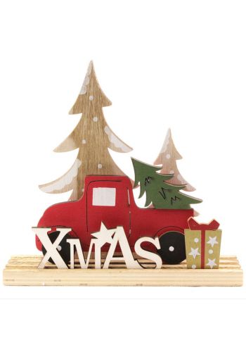 Χριστουγεννιάτικo Ξύλινo Επιτραπέζιο Αυτοκινητάκι, με "XMAS" και Δεντράκια Πολύχρωμο (20cm)