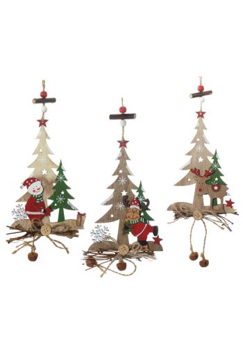 Χριστουγεννιάτικα Ξύλινα Κρεμαστά Δεντράκια με Κόκκινο Αστέρι - 3 Σχέδια (36cm)