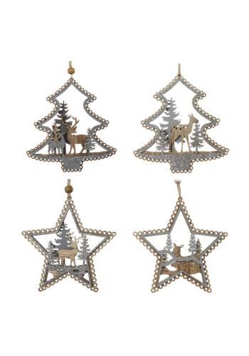 Χριστουγεννιάτικα Ξύλινα Κρεμαστά Στολίδια, με Ασημί Στρας - 4 Σχέδια (14cm)