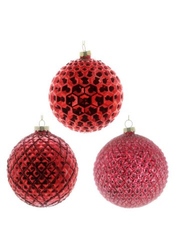 Χριστουγεννιάτικη Γυάλινη Μπάλα, Κόκκινη - Ροζ Ανάγλυφη - 3 Σχέδια (10cm)