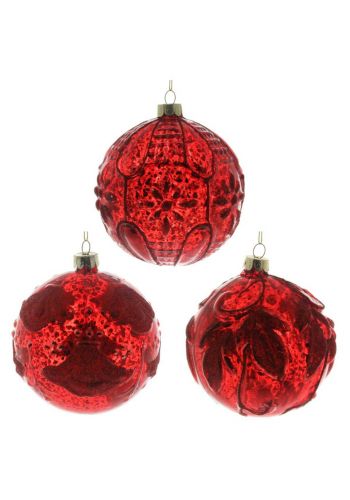 Χριστουγεννιάτικη Γυάλινη Κόκκινη Μπάλα, Ανάγλυφη - 3 Σχέδια (8cm)
