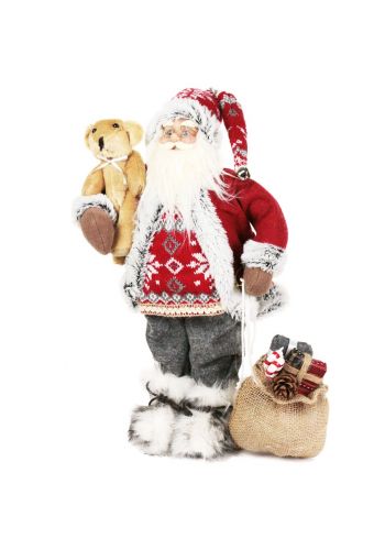 Χριστουγεννιάτικος Διακοσμητικός Λούτρινος Άγιος Βασίλης, με Αρκουδάκι και Σάκο Κόκκινος (45cm)