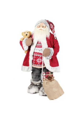 Χριστουγεννιάτικος Διακοσμητικός Λούτρινος Άγιος Βασίλης, με Αρκουδάκι και Σάκο Κόκκινος (80cm)