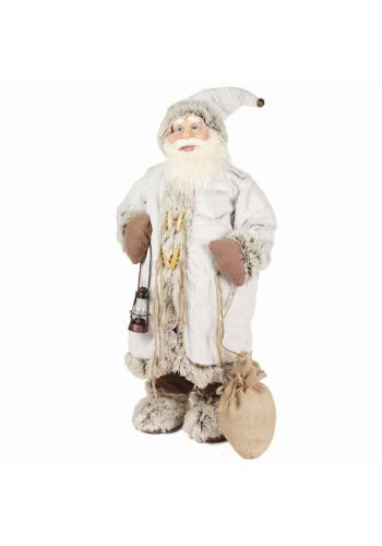 Χριστουγεννιάτικος Διακοσμητικός Λούτρινος Άγιος Βασίλης, με Σάκο και Φαναράκι Λευκός (80cm)