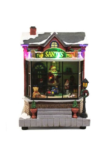 Χριστουγεννιάτικο Διακοσμητικό Μαγαζί, με Άγιο Βασίλη, Παιχνίδια και 6 LED (25cm)