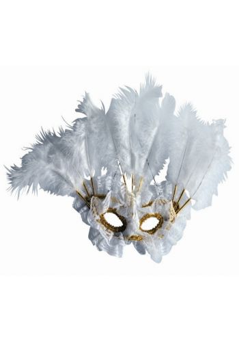 Αποκριάτικο Αξεσουάρ Λευκή Μάσκα με Δαντέλα και 9 Φτερά