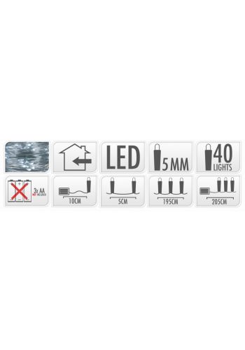 40 Λευκά Ψυχρά Φωτάκια LED Copper Μπαταρίας (2m)