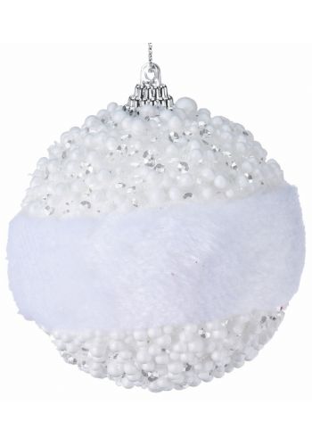 Χριστουγεννιάτικη Μπάλα Λευκή με Γουνάκι και Πέρλες (8cm)