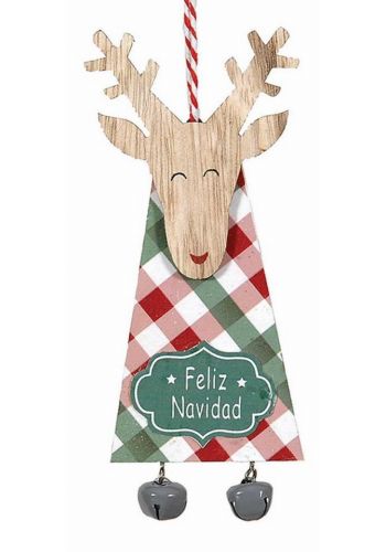 Χριστουγεννιάτικος Ξύλινος Τάρανδος Καρό με Γκρι Κουδουνάκια (16cm)