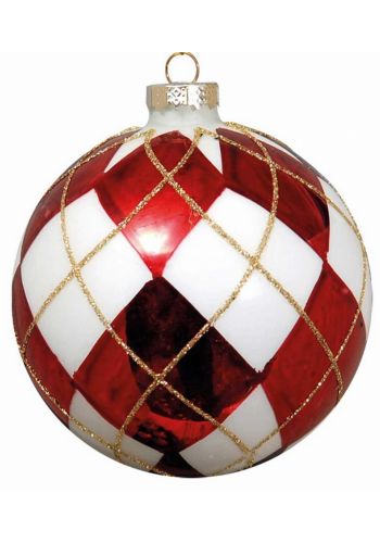 Χριστουγεννιάτικη Μπάλα Γυάλινη Καρό Κόκκινο με Λευκό (10cm)