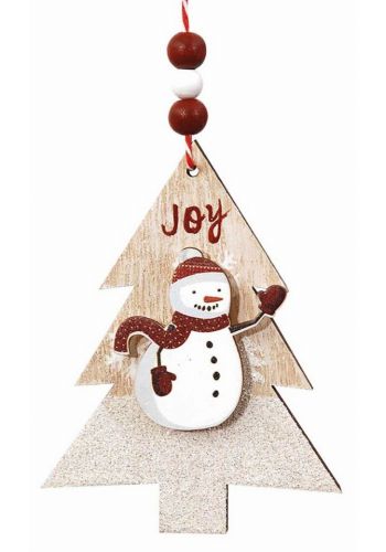 Χριστουγεννιάτικο Ξύλινο Δεντράκι με Χιονάνθρωπο και "Joy" Πολύχρωμο (12cm)