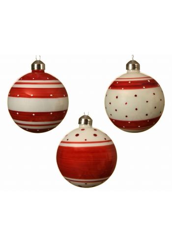 Χριστουγεννιάτικη Μπάλα Γυάλινη Λευκή με Κόκκινο - 3 Σχέδια (8cm)