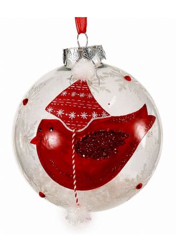 Χριστουγεννιάτικη Μπάλα Γυάλινη Λευκή με Κόκκινο Πουλάκι (10cm)