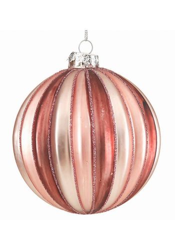 Χριστουγεννιάτικη Μπάλα Γυάλινη Ροζ με Ανάγλυφες Ρίγες (10cm)