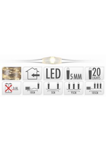 20 Λευκά Θερμά Φωτάκια LED Copper Μπαταρίας (1m)