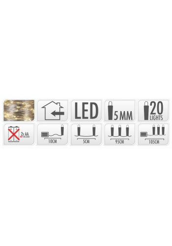 20 Λευκά Θερμά Φωτάκια LED Copper Μπαταρίας (1m)