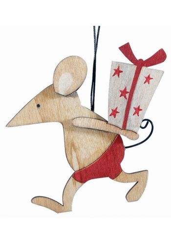 Χριστουγεννιάτικο Ξύλινο Ποντικάκι με Δωράκι Πολύχρωμο (10cm)