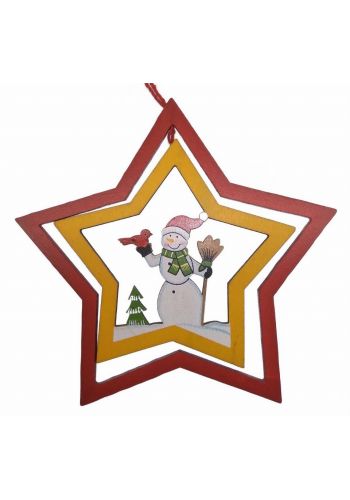 Χριστουγεννιάτικο Ξύλινο Στολίδι Χιονάνθρωπος σε Αστέρι Πολύχρωμο(12cm)