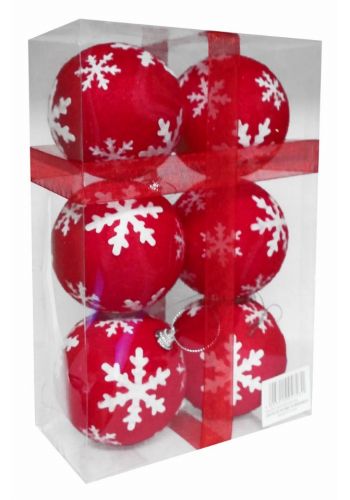 Χριστουγεννιάτικες Μπάλες Κόκκινες με Λευκές Χιονονιφάδες - Σετ 6 τεμ. (8cm)