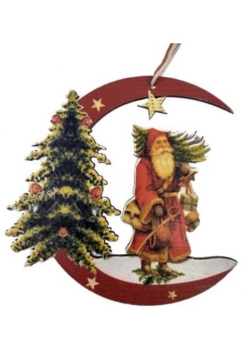 Χριστουγεννιάτικο Ξύλινο Στολίδι Πολύχρωμο Φεγγαράκι με Έλατο και Άγιο Βασίλη (10cm)