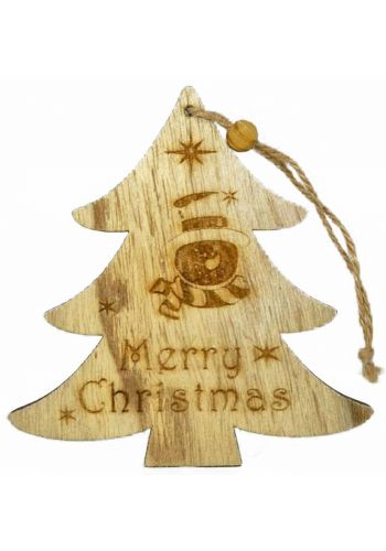 Χριστουγεννιάτικο Ξύλινο Δεντράκι Καφέ με Χιονάνθρωπο και "merry Christmas" (14cm) - 1 Τεμάχιο