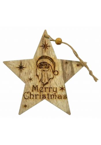 Χριστουγεννιάτικο Ξύλινο Αστέρι Καφέ με Άγιο Βασίλη και "merry Christmas" (14cm)