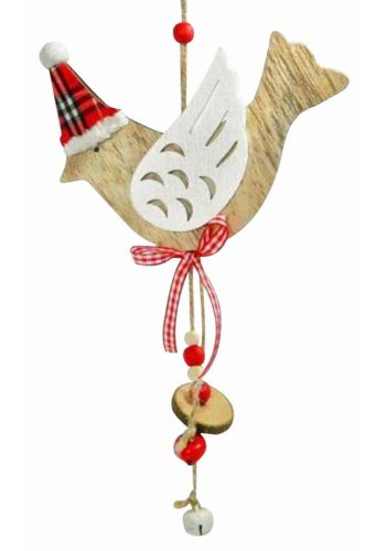 Χριστουγεννιάτικο Κρεμαστό Ξύλινο Πουλάκι, με Κόκκινο Καρό Σκούφο (25cm)
