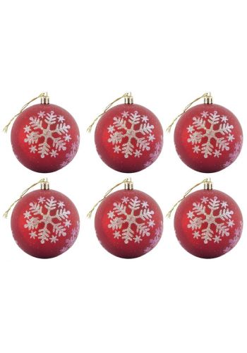 Χριστουγεννιάτικες Μπάλες Κόκκινες με Λευκές Νιφάδες - Σετ 6 Τεμ. (8cm)