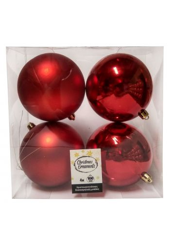 Χριστουγεννιάτικες Μπάλες Κόκκινες - Σετ 4 τεμ. (10cm)